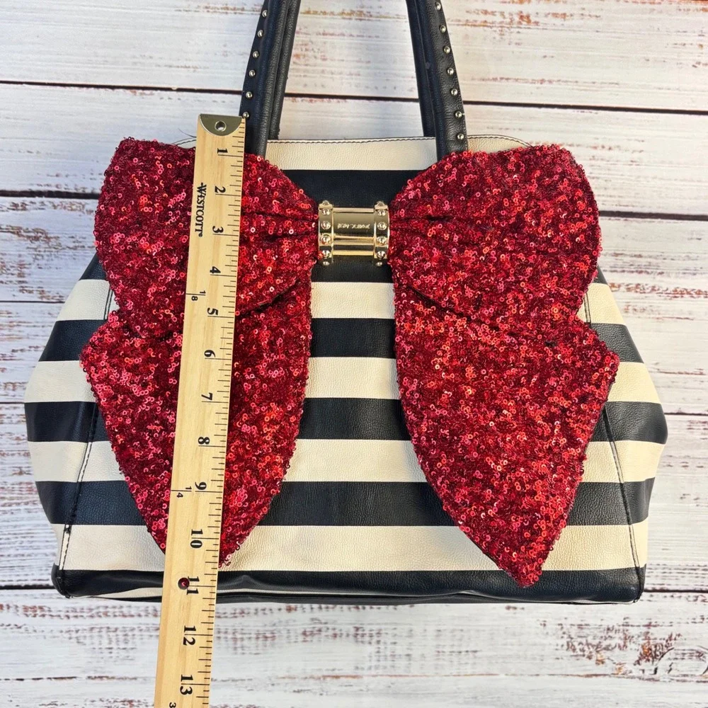 Betsey Johnson Black White Striped Satchel Red Sequin Bow Handbag Studded Handle